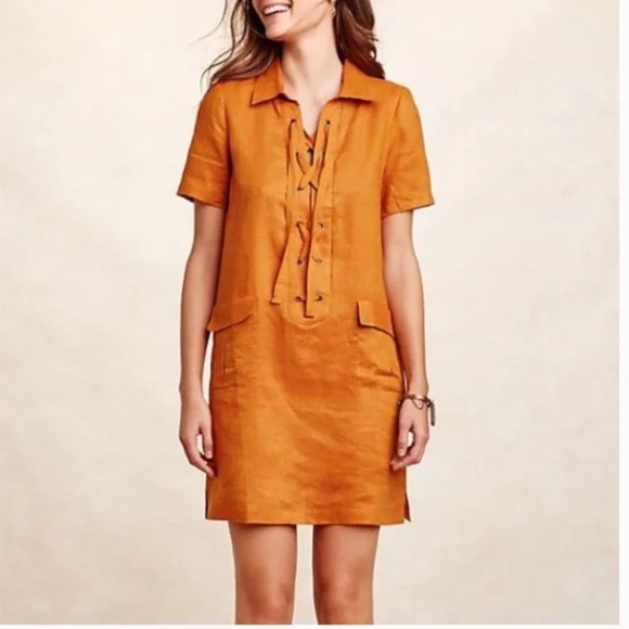 Maeve Dresses & Skirts - Anthropologie Maeve Lace-Up Linen Dress in Mango size 00P
